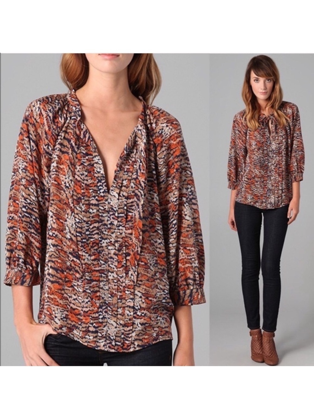 Joie Mirabella Silk Blouse Top Size Medium Orange Blue 3/4 Sleeve Romantic Soft